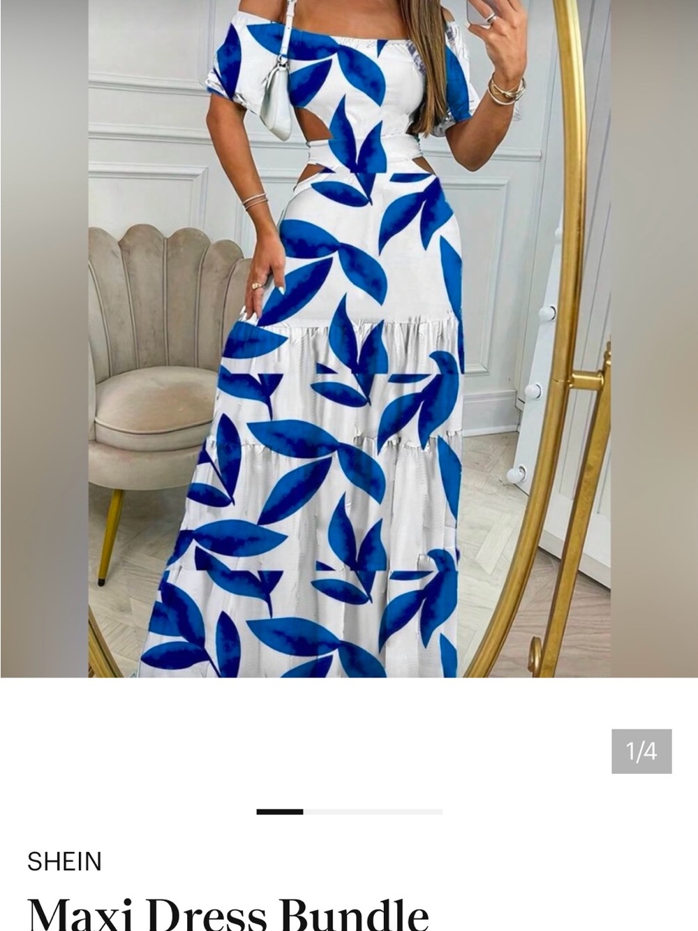 SHEIN White Maxi Dress with Bold Blue Leaf Print